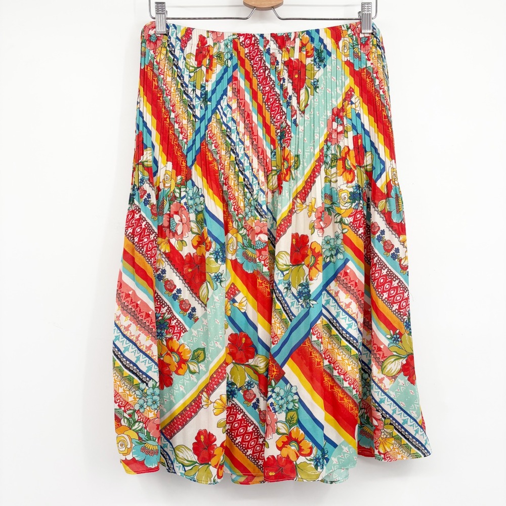 Spense Womens Patchwork Floral Resortwear Pleated Boho Eclectic Midi Skirt XL